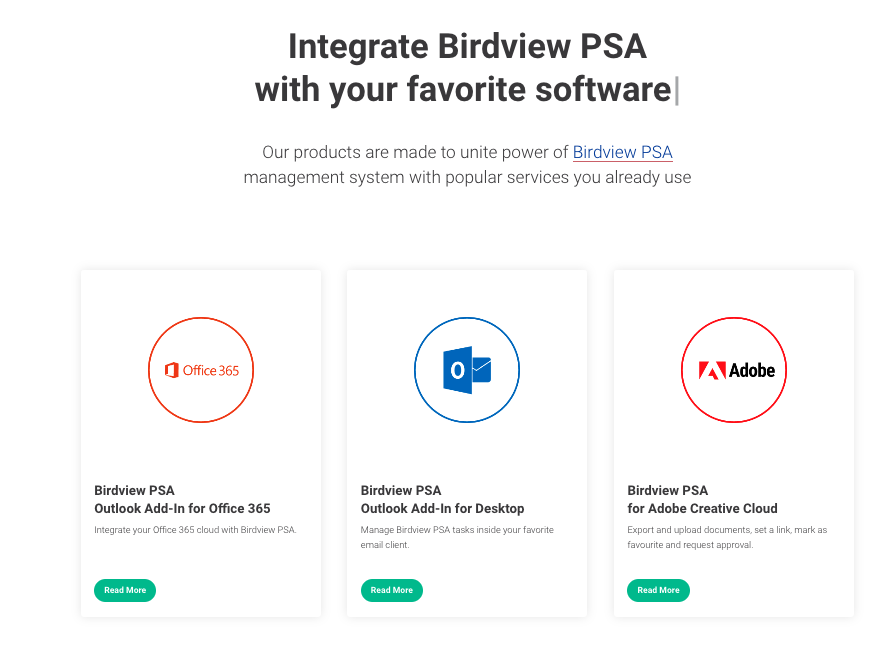Birdview PSA Integrations for Microsoft Outlook, Microsoft Office 365, Intuit QuickBooks, Adobe Creative Cloud · Twitter