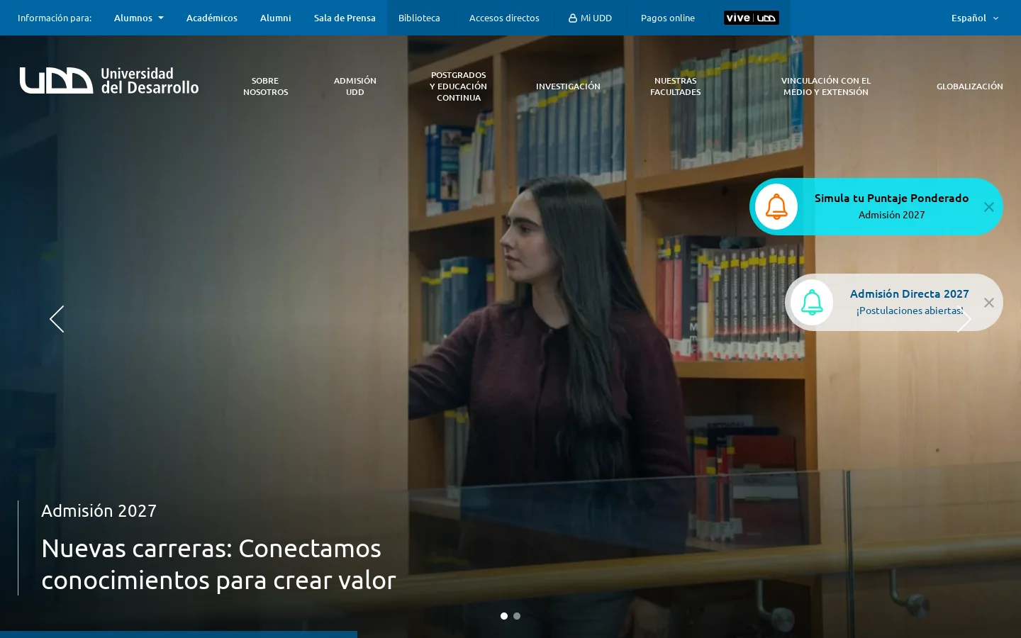 Universidad del Desarrollo - Carreras, Postgrados y Educación Continua 首页截图
