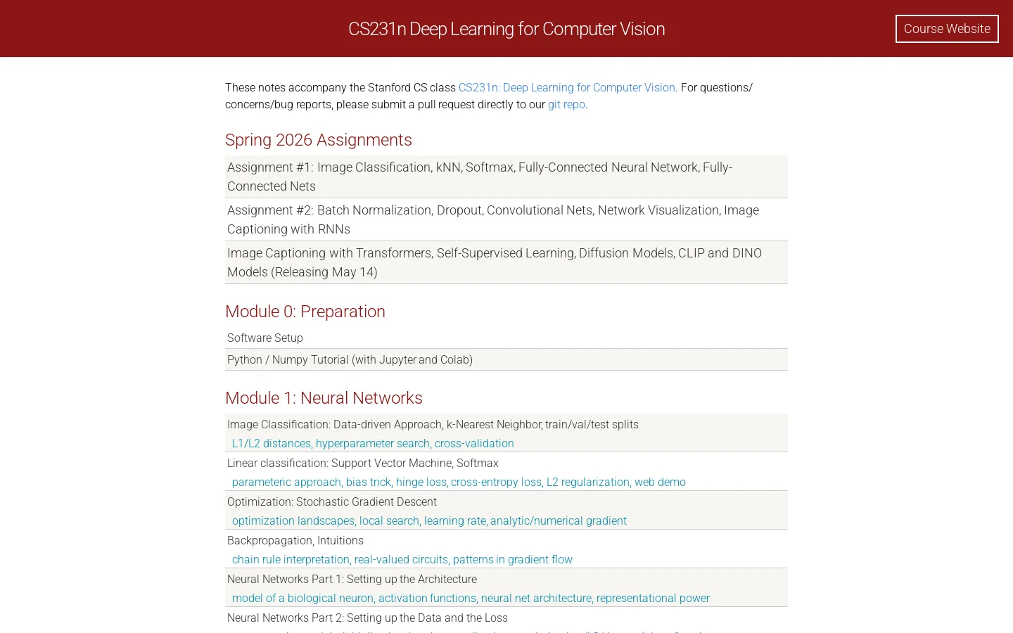 CS231n Deep Learning for Computer Vision 首页截图