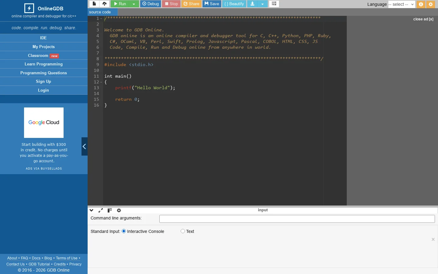 GDB online Debugger | Compiler - Code, Compile, Run, Debug online C, C++ 首页截图