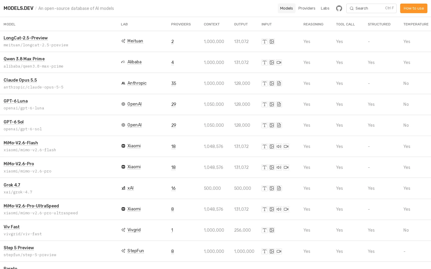 Models.dev 首页截图