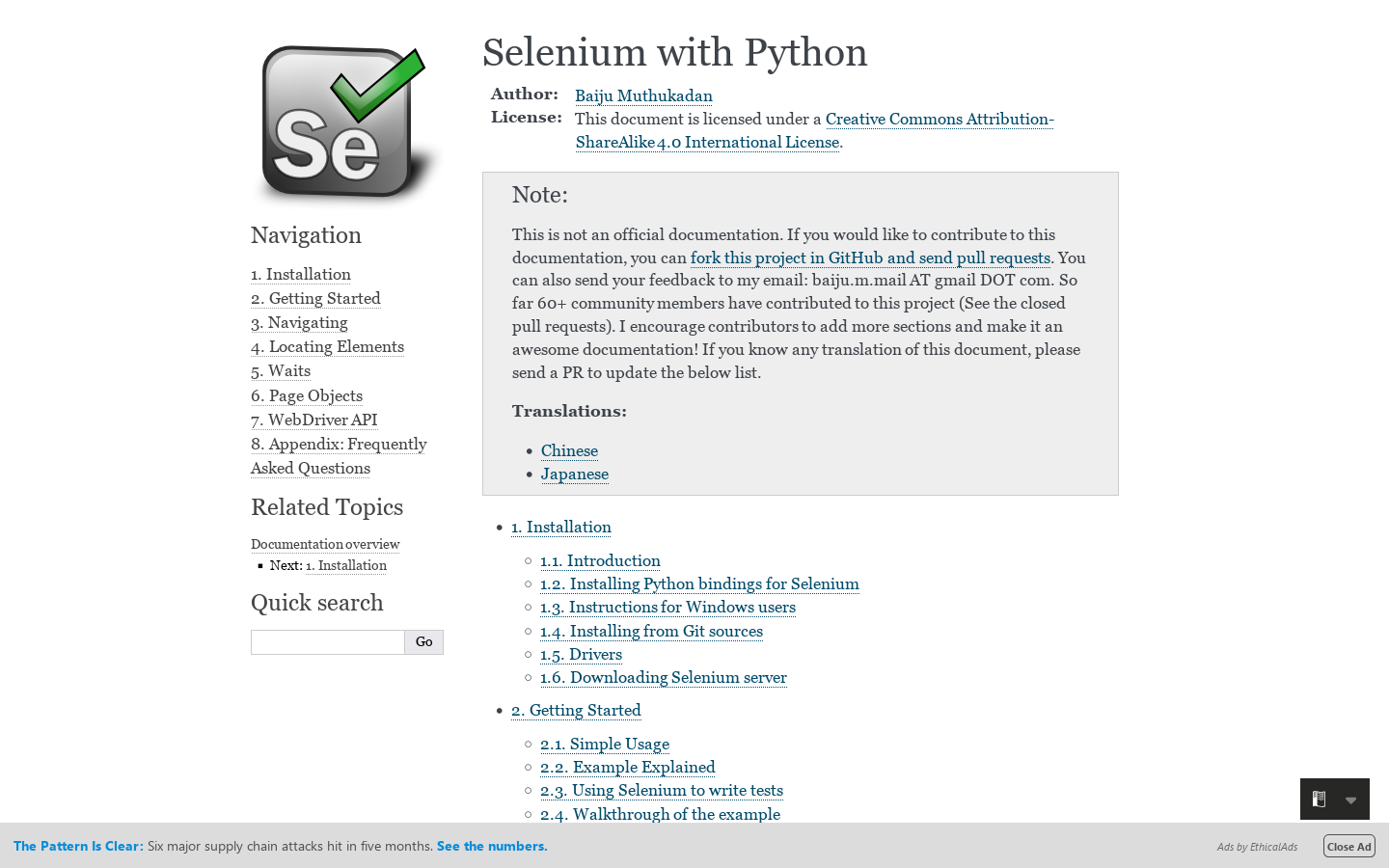 Selenium Python Bindings 2 documentation 首页截图