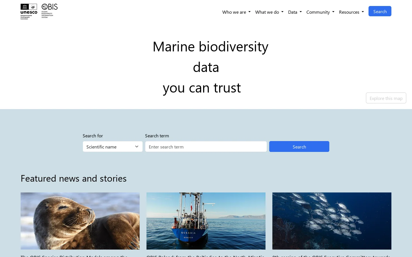 Ocean Biodiversity Information System (OBIS) 首页截图