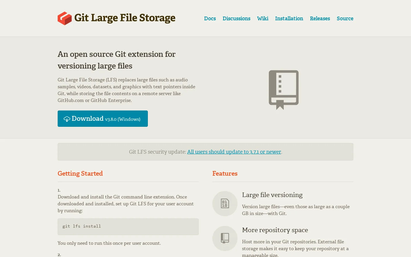 Git Large File Storage | Git Large File Storage (LFS) replaces large files such as audio samples, videos, datasets, and graphics with text pointers inside Git, while storing the file contents on a remote server like GitHub.com or GitHub Enterprise. 首页截图