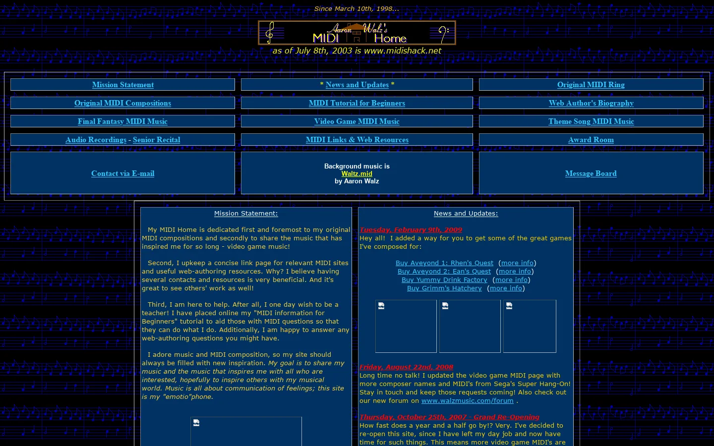 Aaron Walz's MIDI Home - Original, Video Game, and Theme Song MIDI Music 首页截图