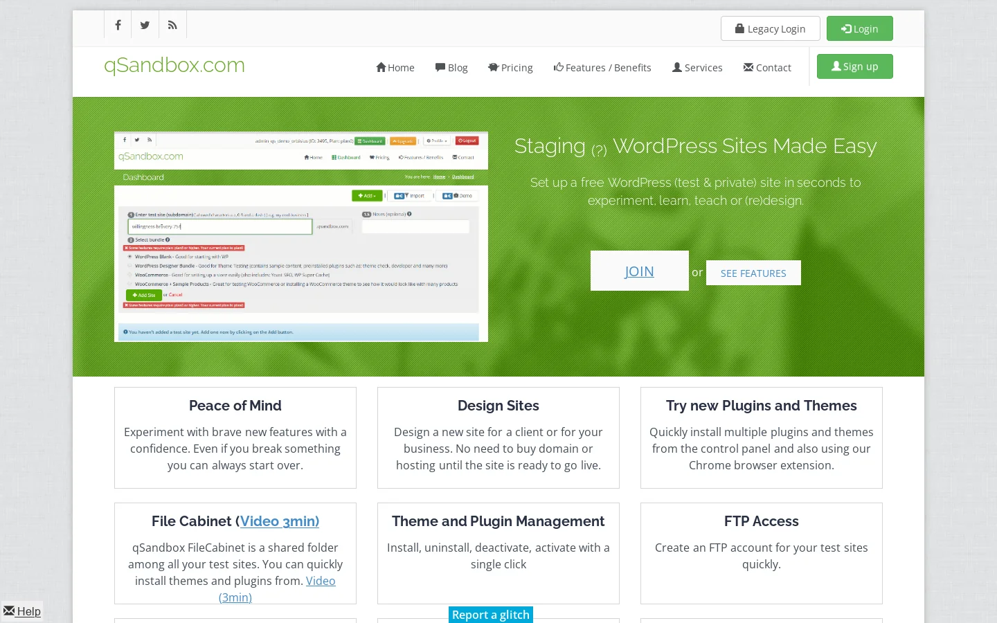 Free Staging WordPress Site. WordPress site setup in seconds to try new plugins and themes by qSandbox.com 首页截图