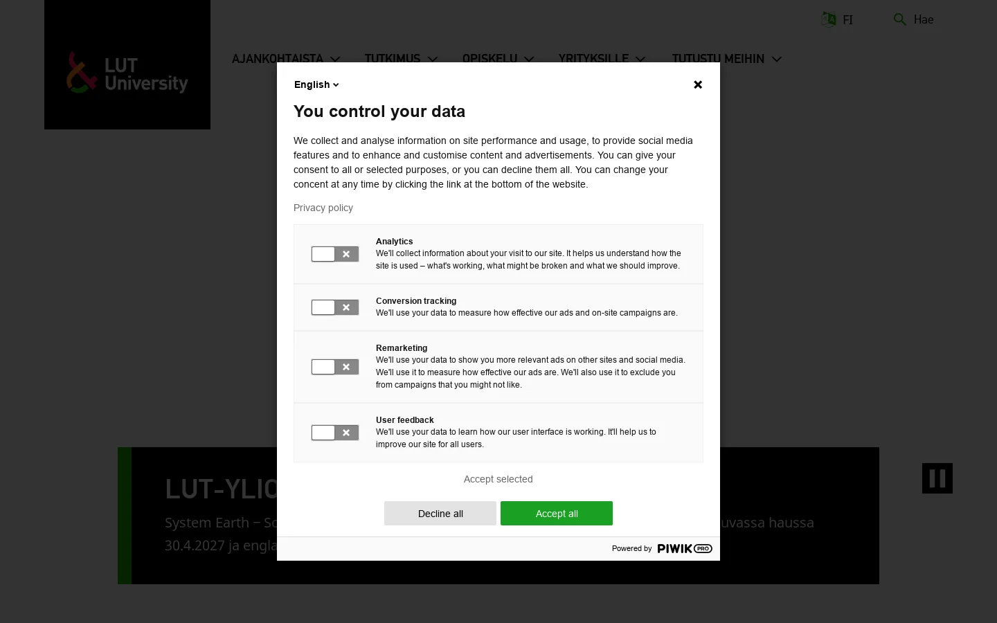LUT-yliopisto 首页截图