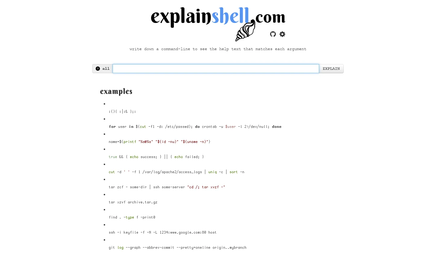 explainshell.com 首页截图