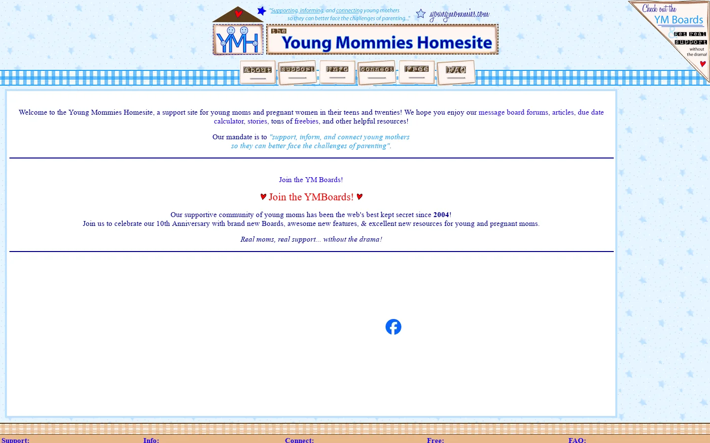 The Young Mommies Homesite - A support site for young moms and pregnant women in their teens and twenties! Message board forums, articles, due date calculator, teen pregnancy stats & stories, tons of freebies, and more! 首页截图