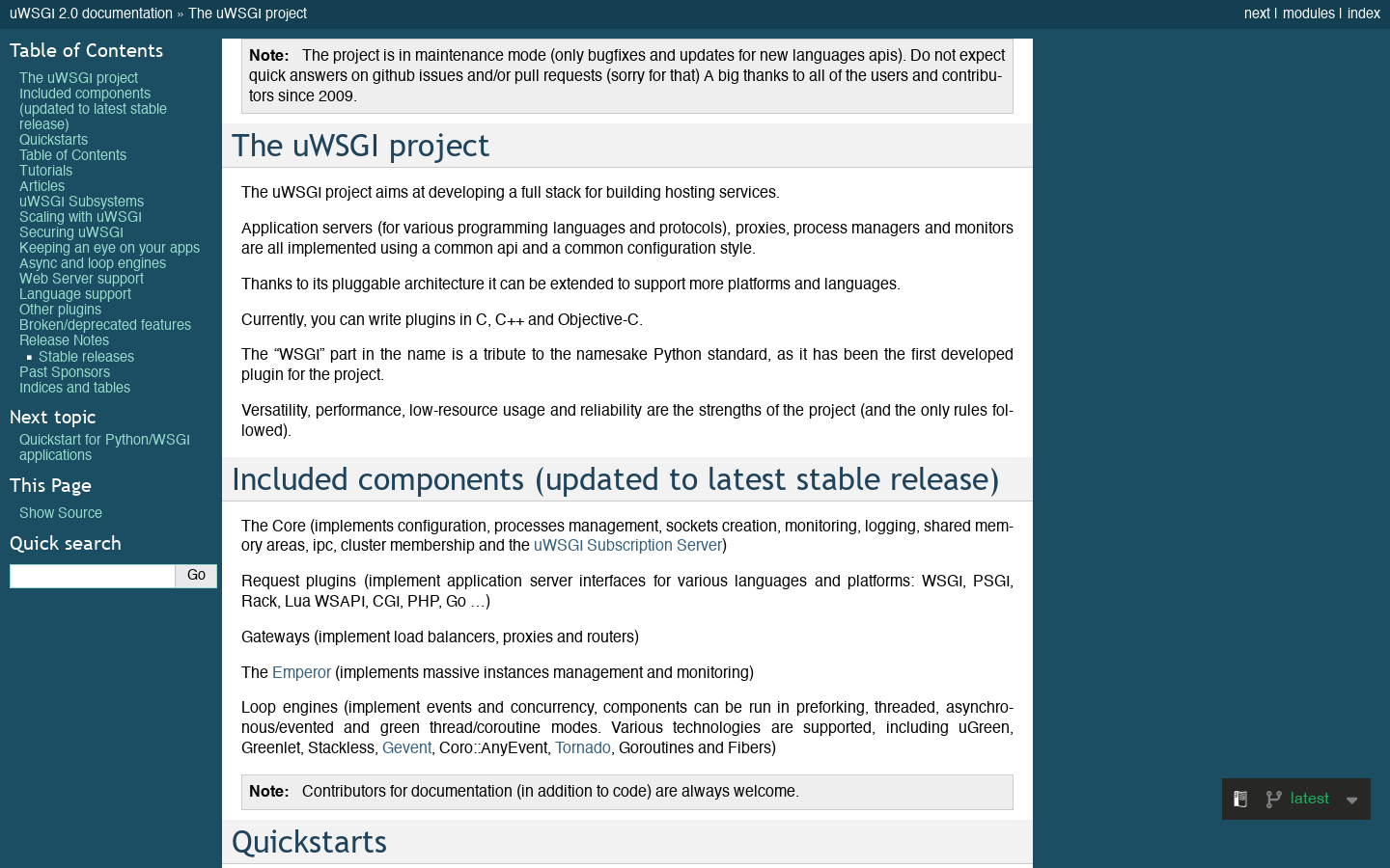 The uWSGI project — uWSGI 2.0 documentation 首页截图