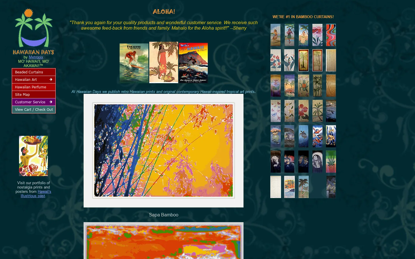 Vintage Hawaiian prints, posters, painted bamboo curtains, surf signs, and Hawaiian lamps make great Hawaiian gifts! 首页截图