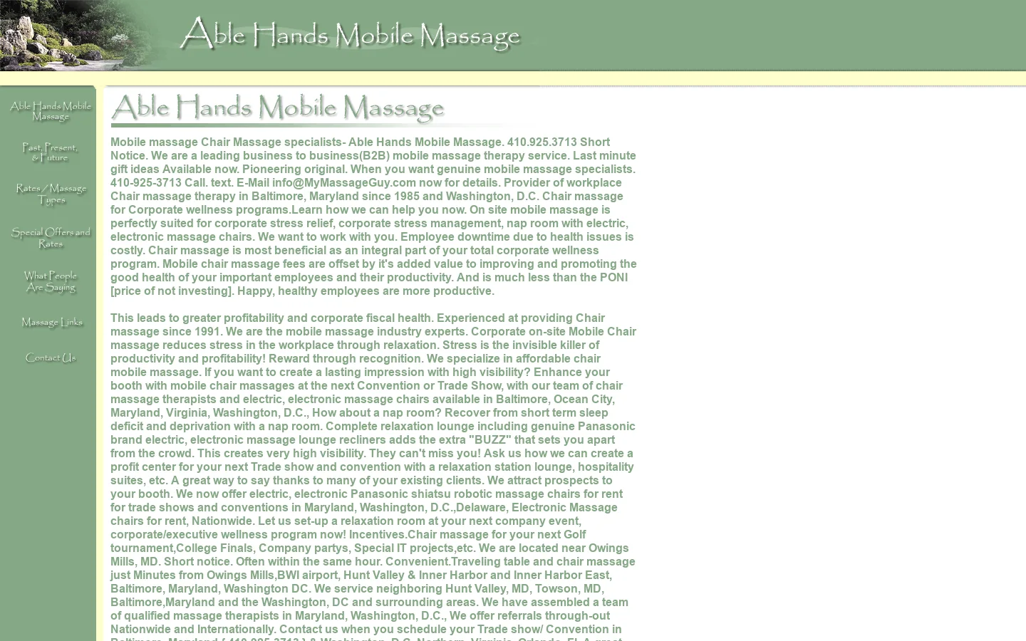 Mobile Massage. Mobile Chair Massage. 410.925.3713 Mobile Massage specialists Travel to you . Short notice. Owings MIlls, Baltimore, Maryland , Washington, D.C., USA 首页截图