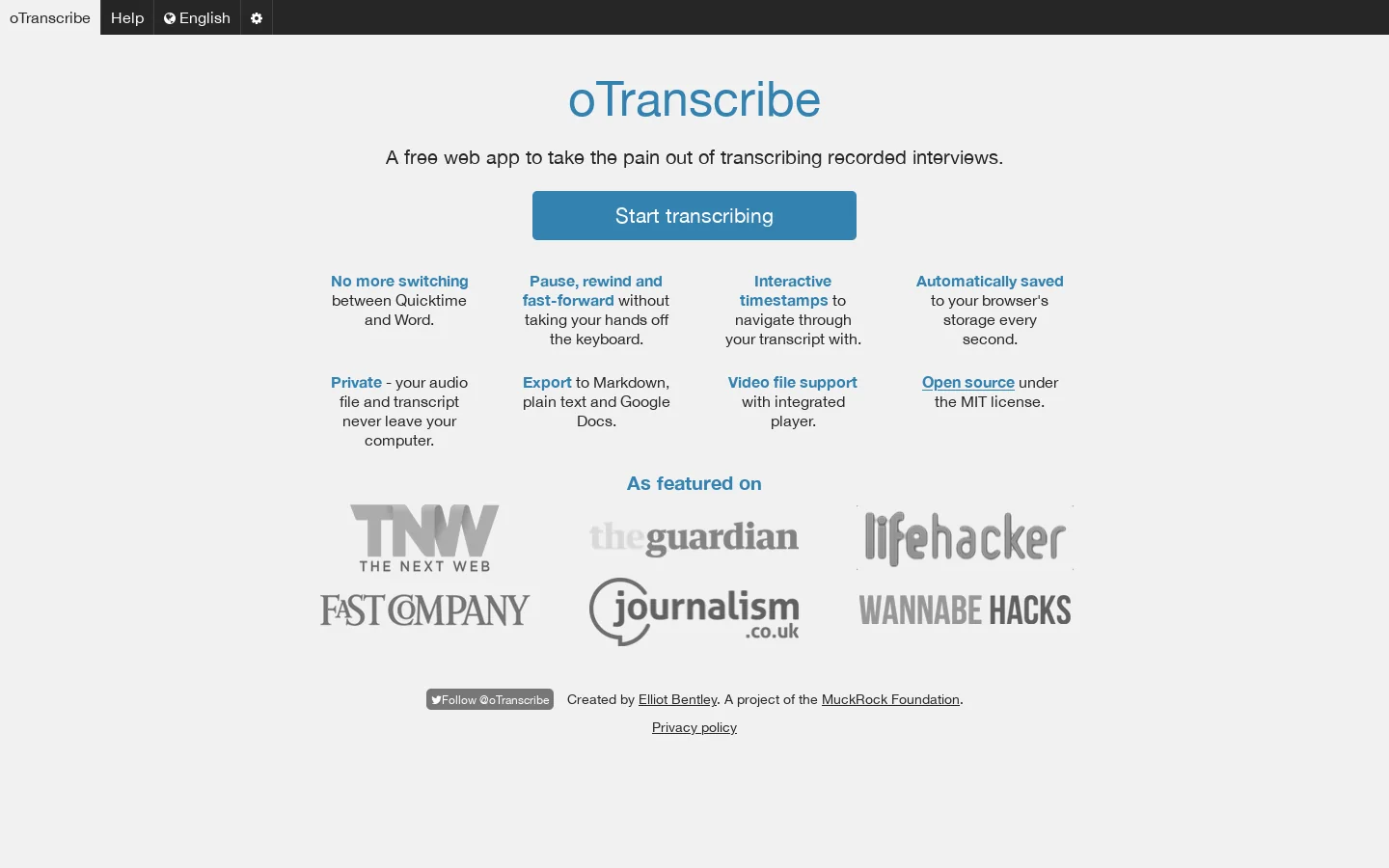 oTranscribe 首页截图