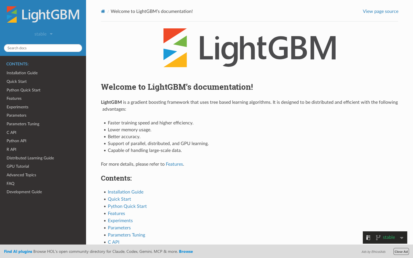 LightGBM 4.7.0 documentation 首页截图