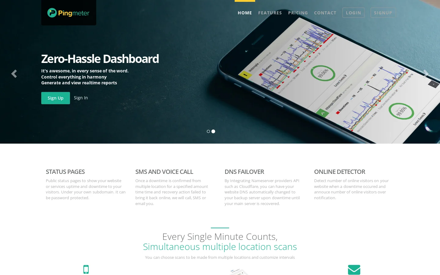 Pingmeter Smart Website Uptime monitoring, alerting and recovery service 首页截图