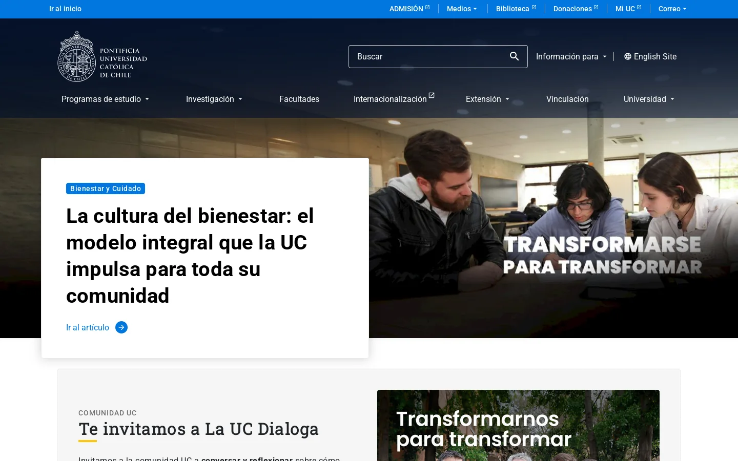 Pontificia Universidad Católica de Chile 首页截图