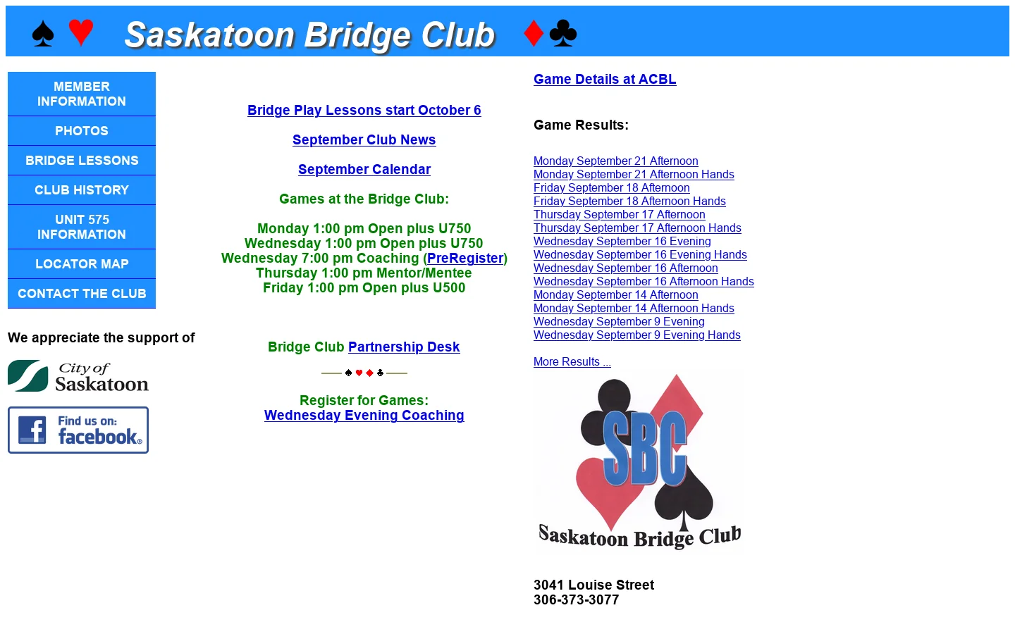 Saskatoon Bridge Club 首页截图