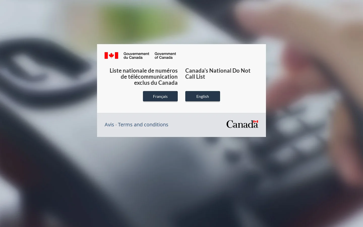 Liste nationale de numéros de télécommunication exclus (LNNTE) | National Do Not Call List (DNCL) 首页截图