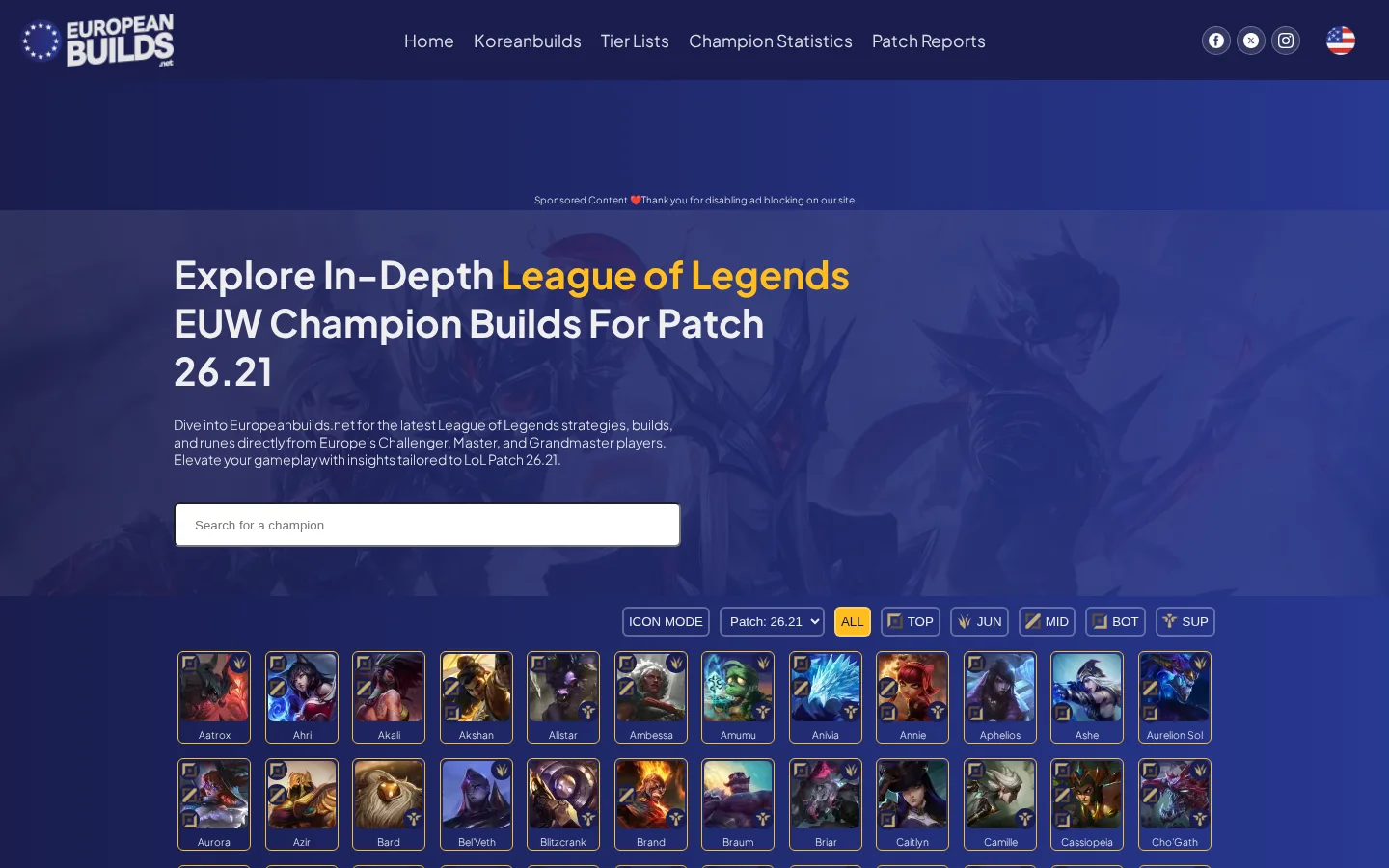 Daily Updated European LoL Builds 26.21 | Europeanbuilds.net 首页截图