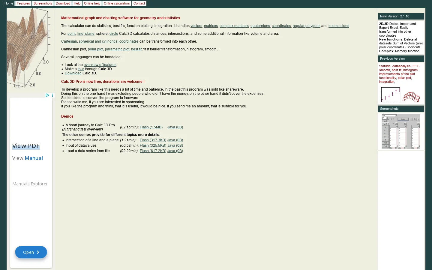 Calculator for vectors, matrices, complex number, quaternion, coordinates, intersections, plotting 首页截图