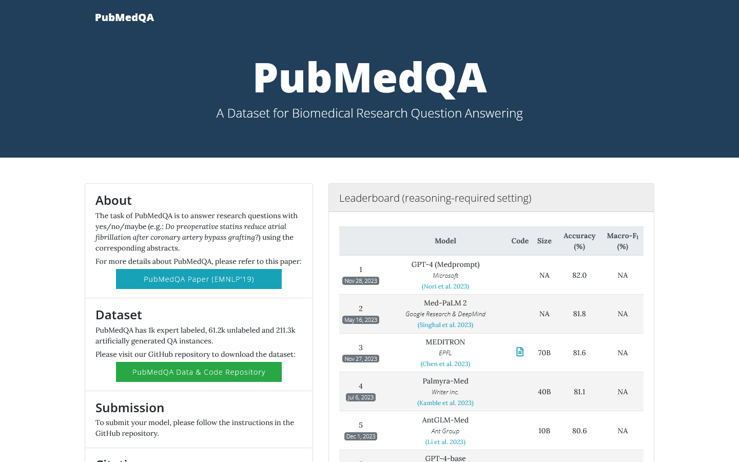 PubMedQA Homepage 首页截图