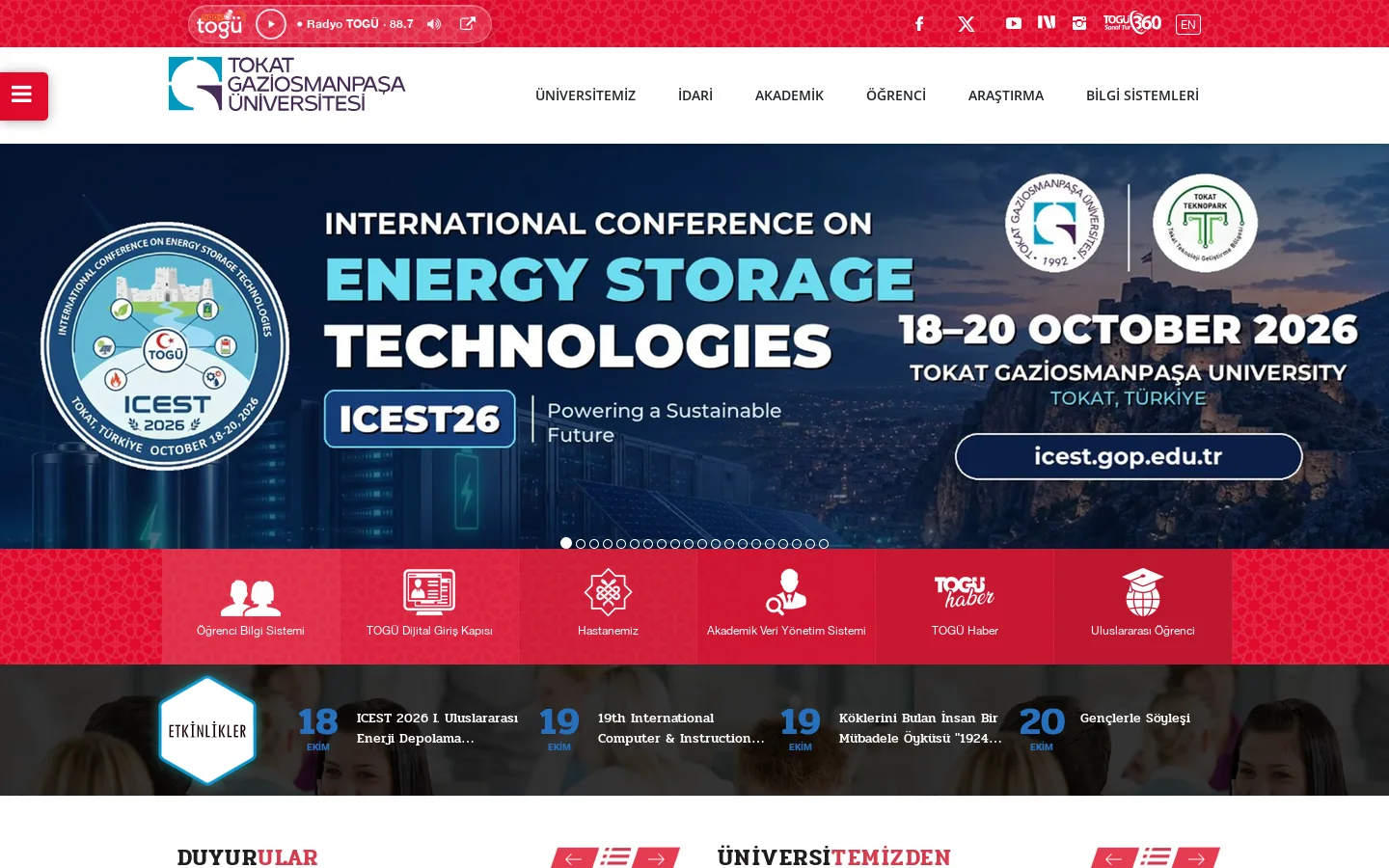 Tokat Gaziosmanpaşa Üniversitesi 首页截图