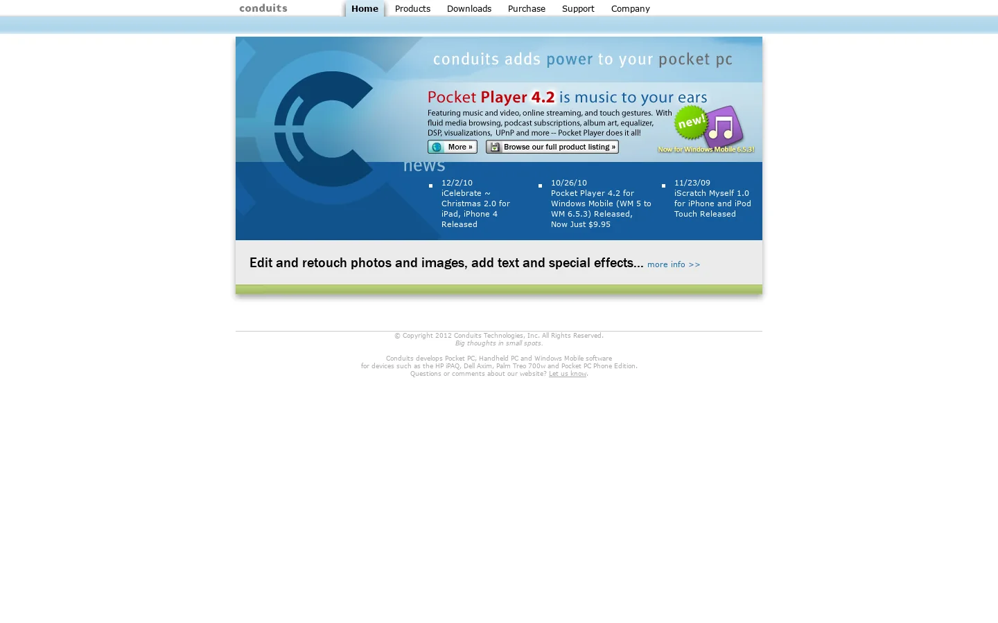 Conduits > Software for Windows phone and iPhone, supporting Windows Mobile 6.5, HTC HD2, Sony Xperia, iPod Touch and more! 首页截图