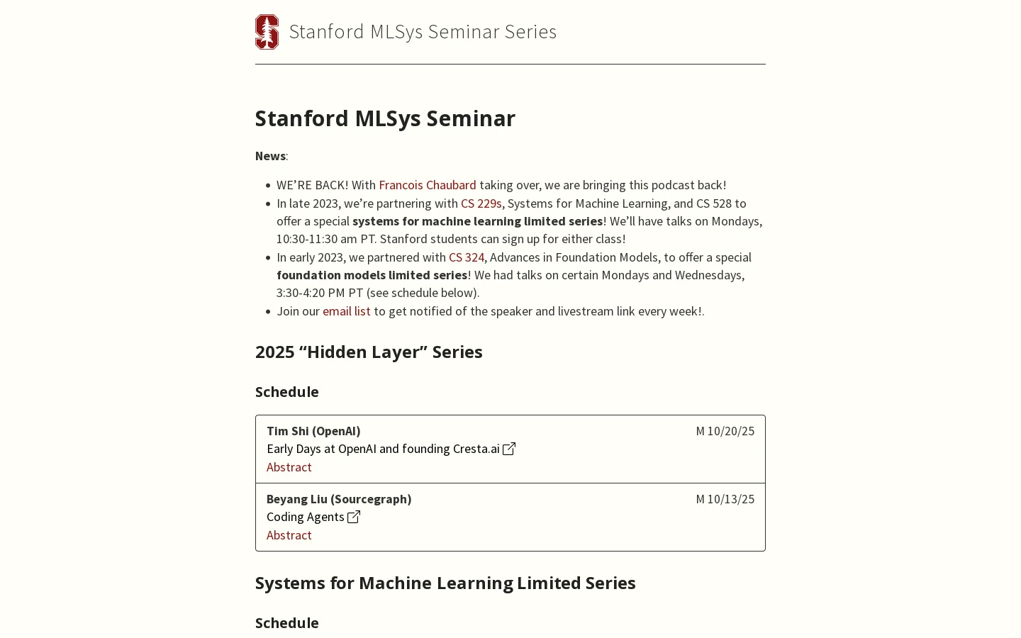 Stanford MLSys Seminar – Stanford MLSys Seminar Series 首页截图
