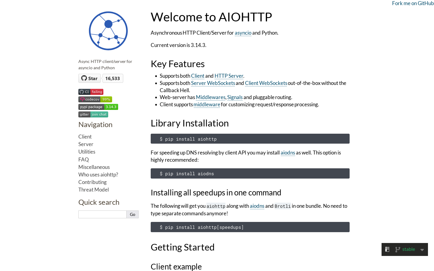 Welcome to AIOHTTP — aiohttp 3.14.3 documentation 首页截图
