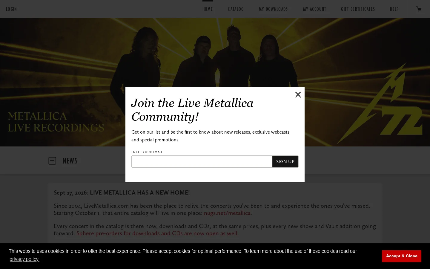 Metallica Live Concert Downloads, Streaming and CDs 首页截图