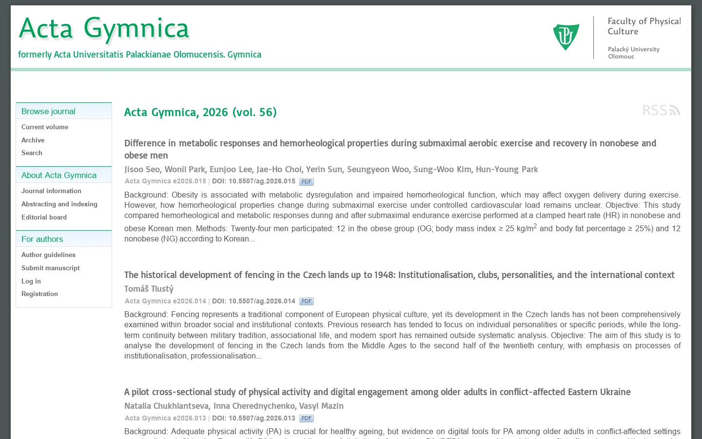 Acta Gymnica: Acta Gymnica, 2026 (vol. 56) 首页截图