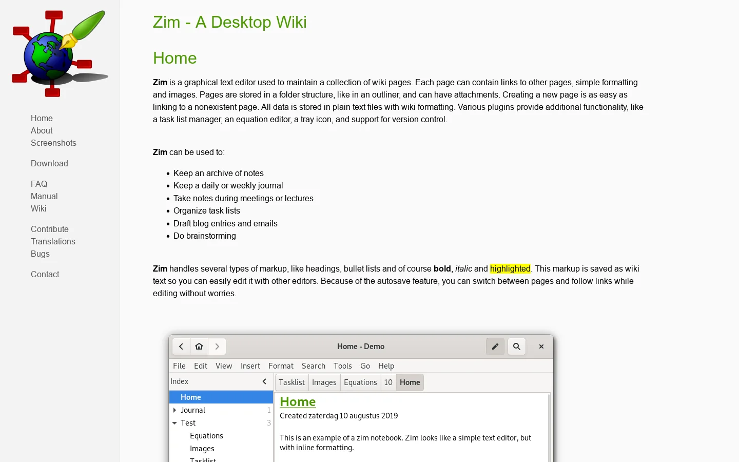 Zim - a desktop wiki 首页截图