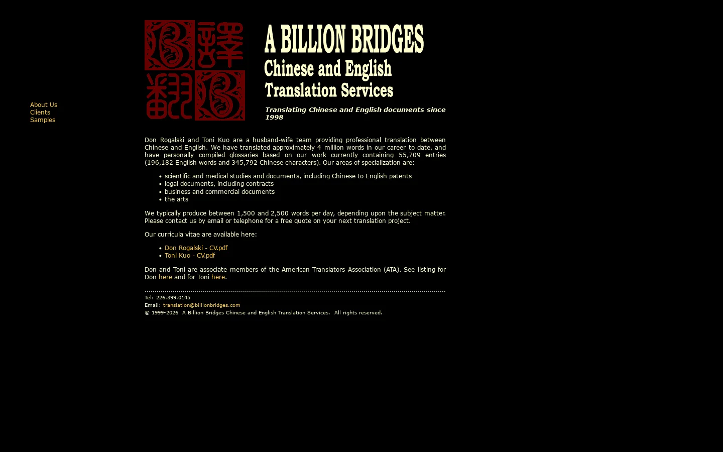A Billion Bridges Chinese and English Translation Services 首页截图