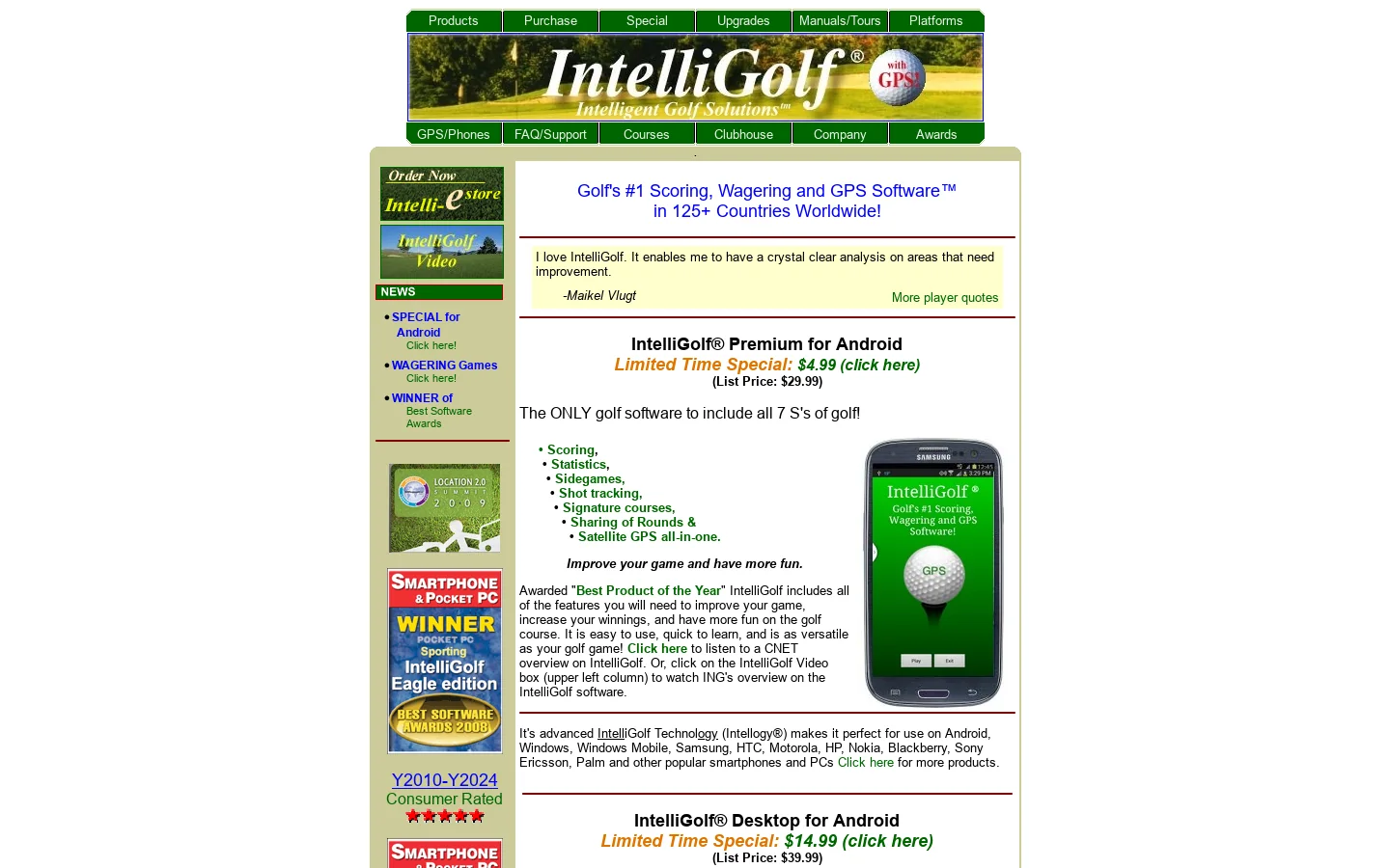 SPECIAL IntelliGolf - #1 Golf Scoring, Wagering and GPS Software (TM) for Android, Windows Mobile, Blackberry, Nokia, HTC, Palm, iPhone, Sony Ericsson, Motorola, Samsung, AT&T, T-MObile, Verizon, Orange, Alltel, and Sprint-based smartphones 首页截图