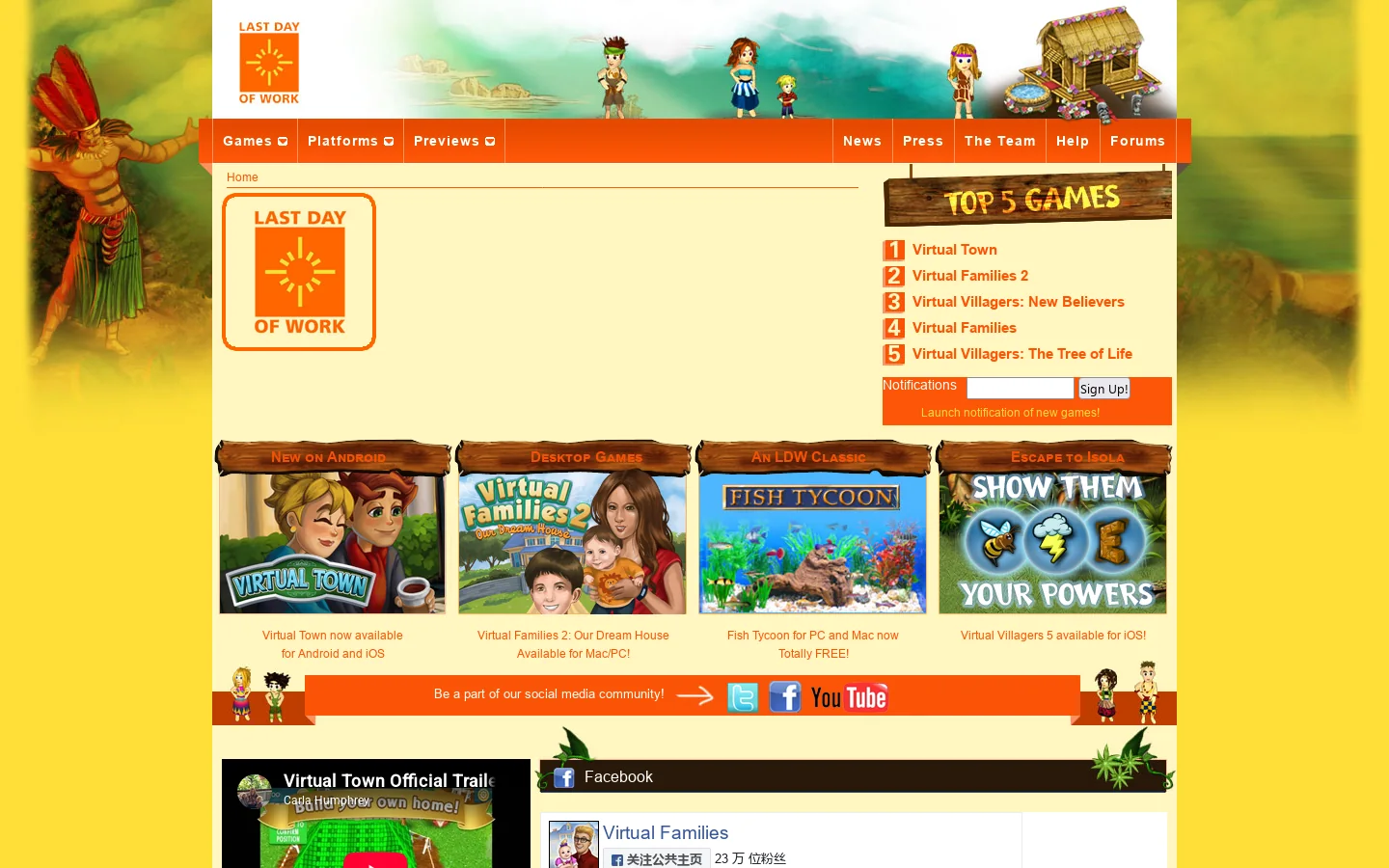 Last Day of Work® Official Site. Virtual Town, Virtual Villagers, Virtual Families, Fish Tycoon, Plant Tycoon. 首页截图