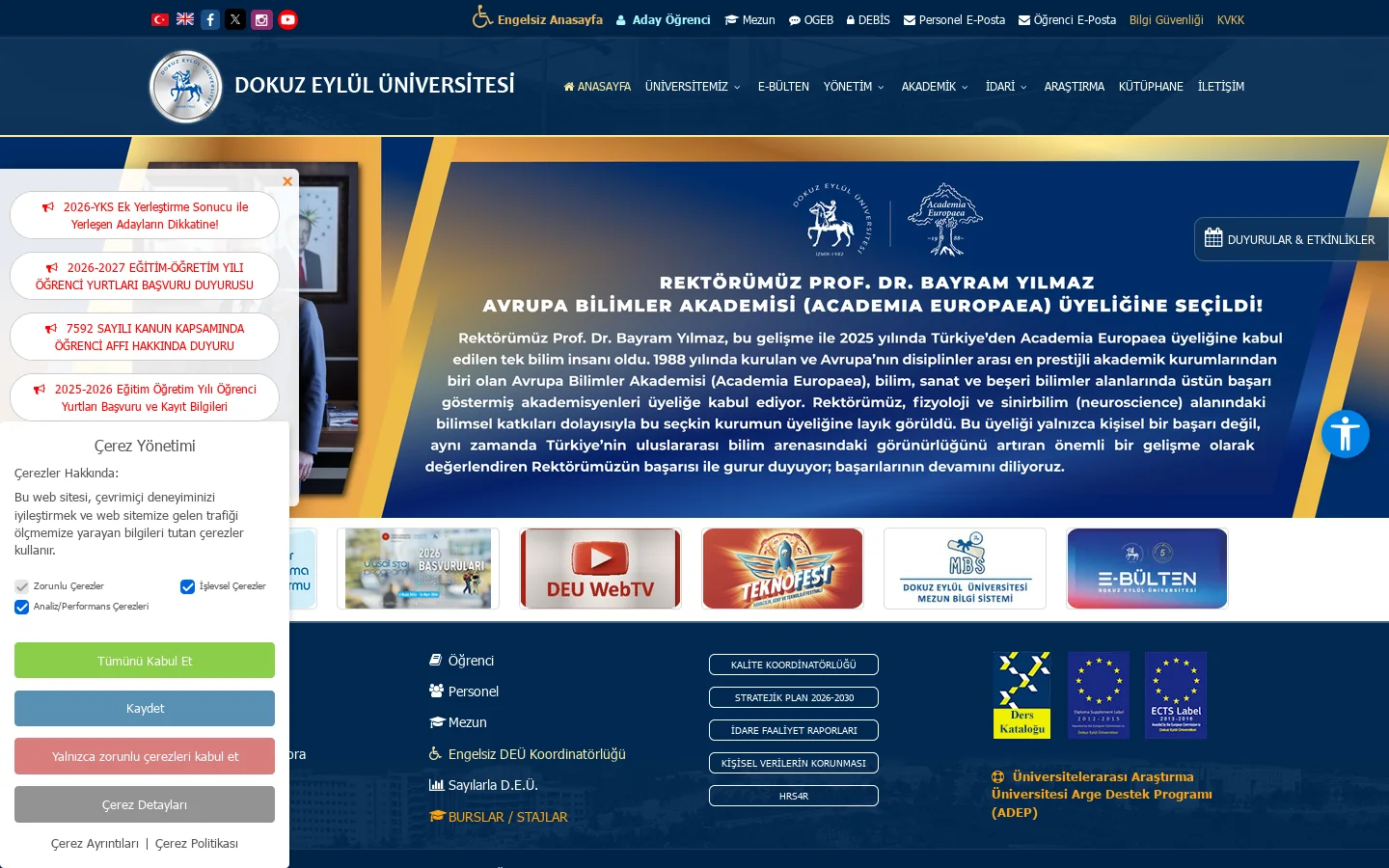 Dokuz Eylül Üniversitesi | Resmi Web Sitesi 首页截图