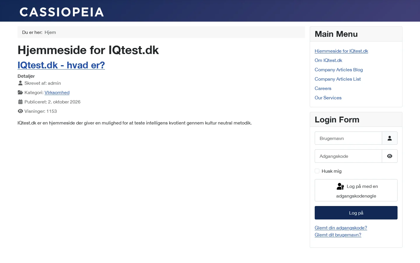 Hjemmeside for IQtest.dk 首页截图