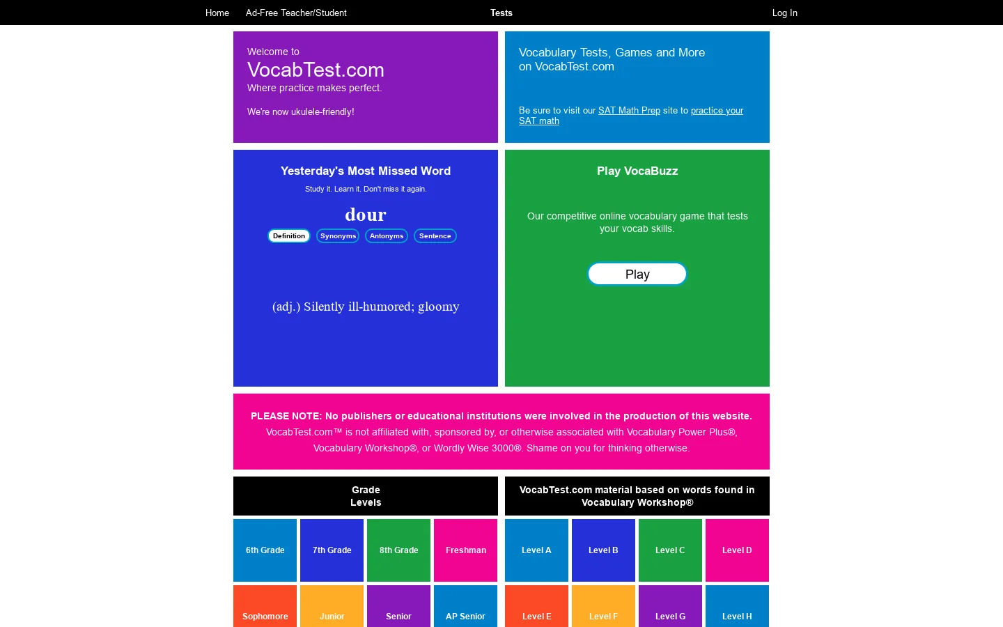 Vocabulary Tests and Games on VocabTest.com - Free Vocabulary Tests 首页截图