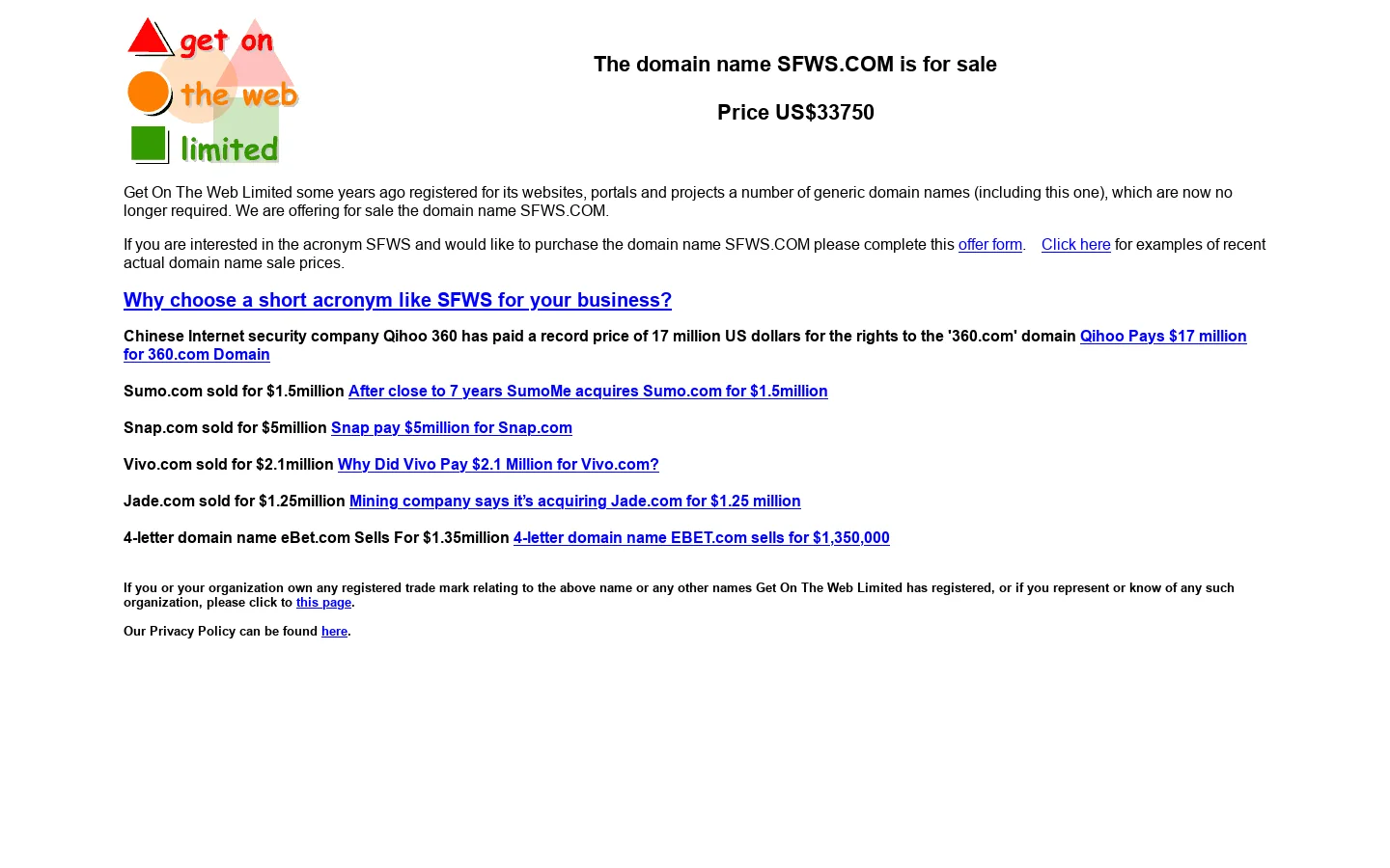 The domain name SFWS.COM. 首页截图