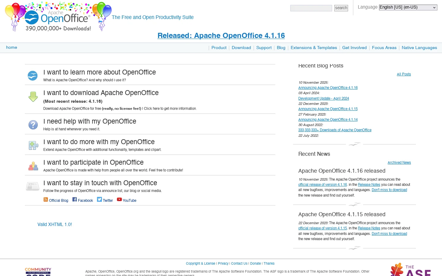 Apache OpenOffice - Official Site - The Free and Open Productivity Suite 首页截图