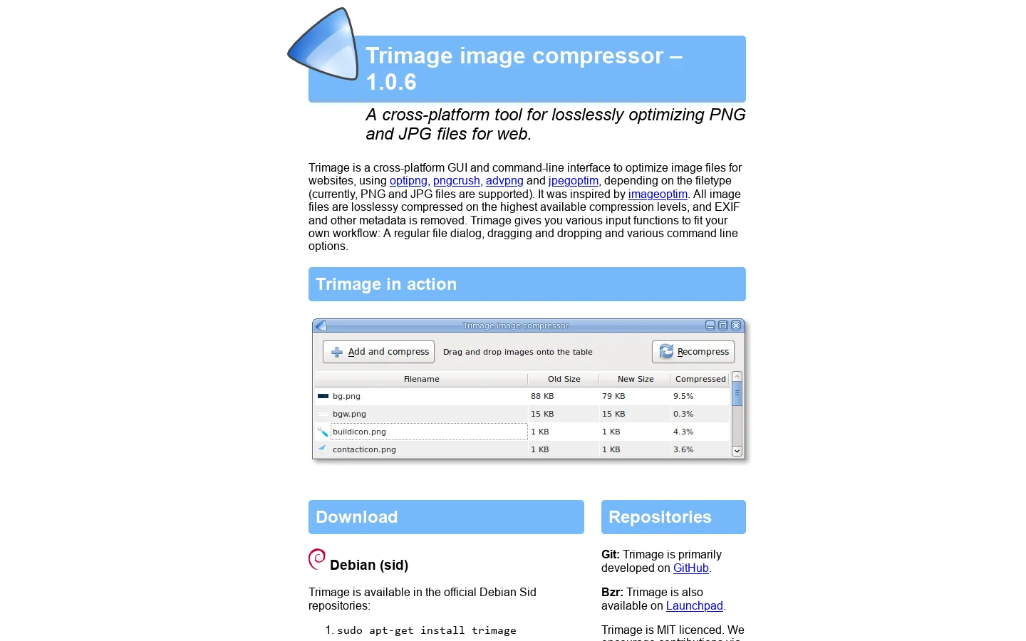 Trimage (lossless) image compressor 首页截图
