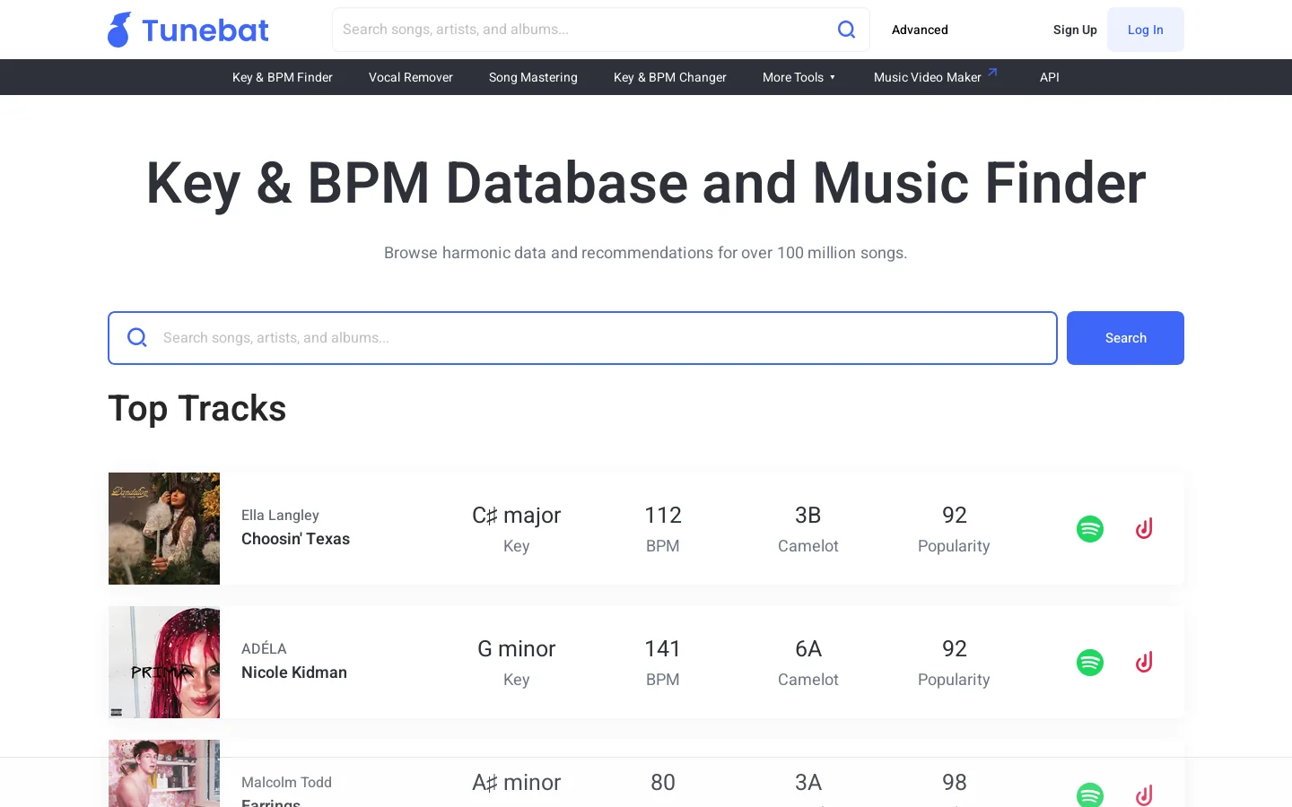 Key & BPM of any song - Music Database by Tunebat 首页截图
