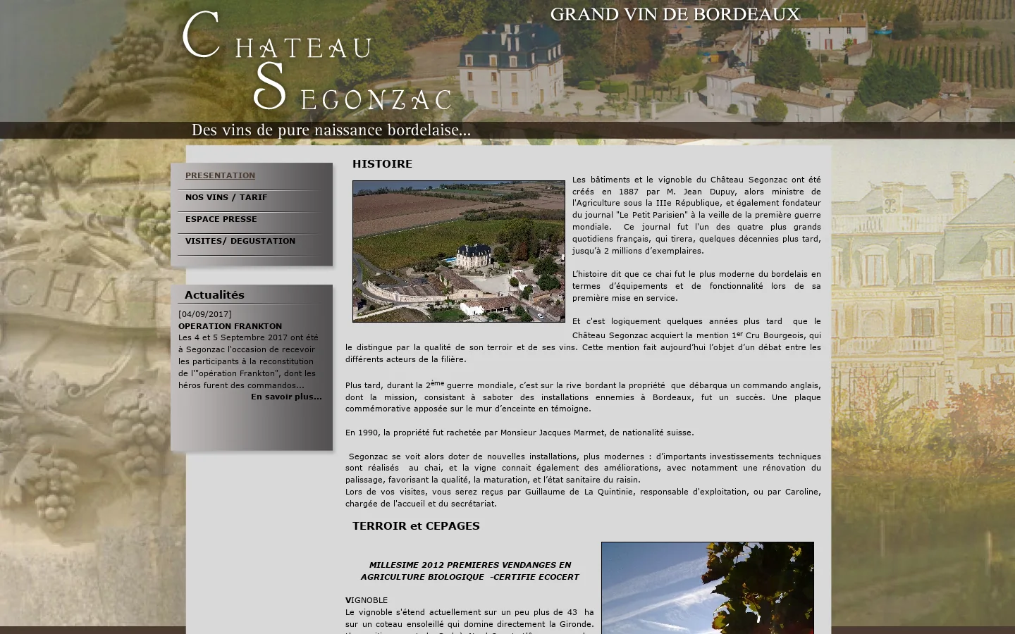 Chateau Segonzac, appellation BLaye Côtes de Bordeaux 首页截图