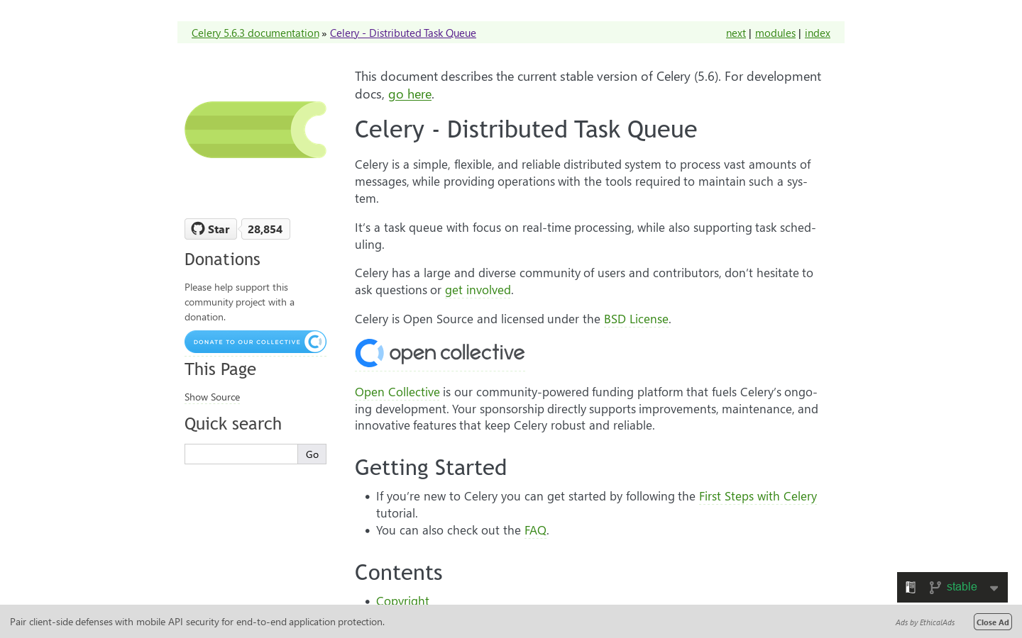 Celery - Distributed Task Queue — Celery 5.6.3 documentation 首页截图