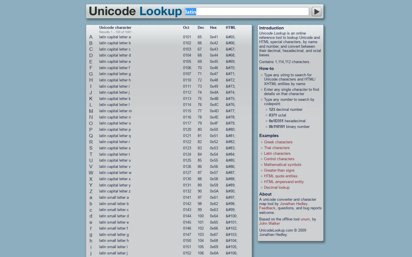 Unicode Lookup 首页截图