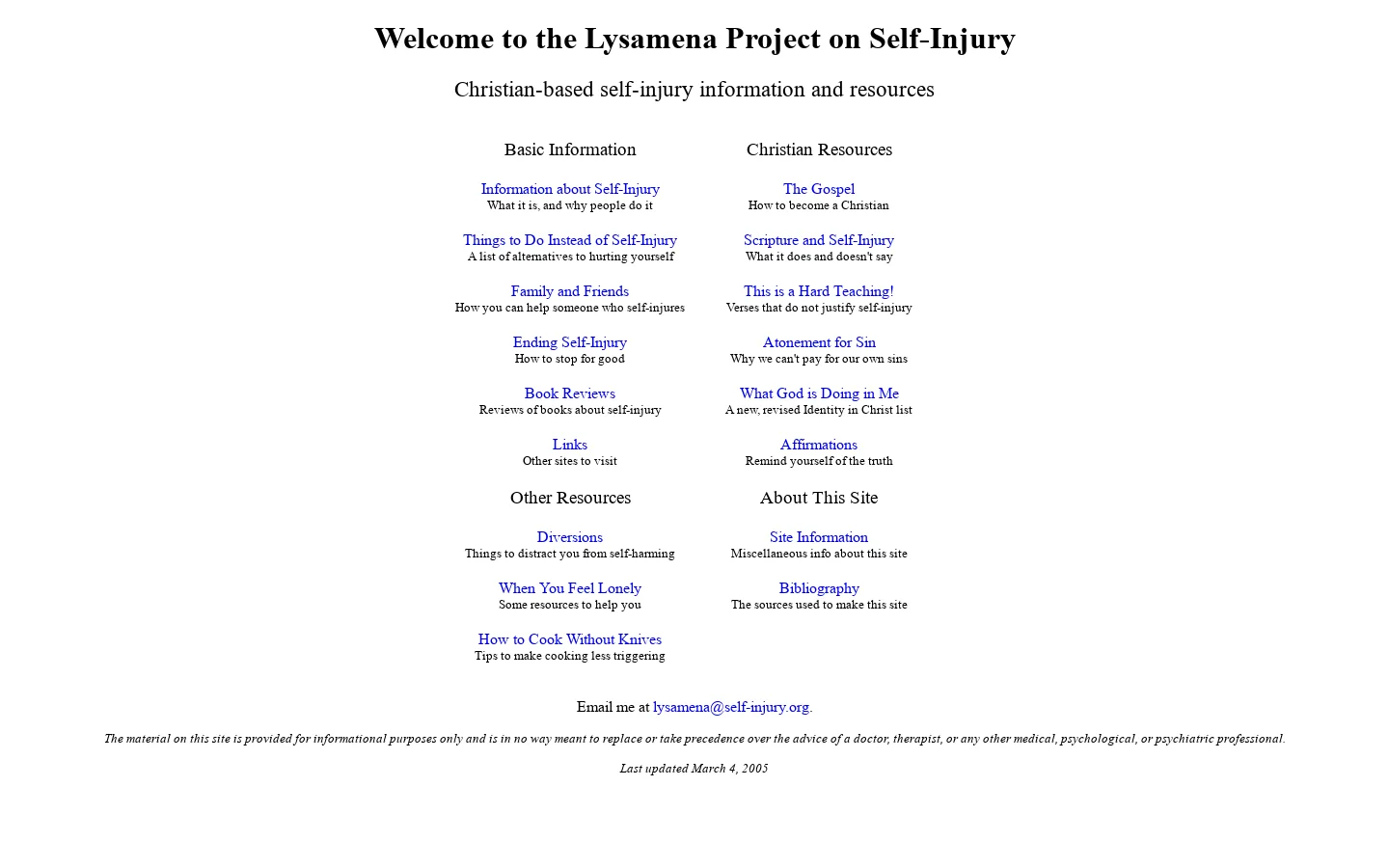 Lysamena Project on Self-Injury: Christian Self-Injury Resources 首页截图