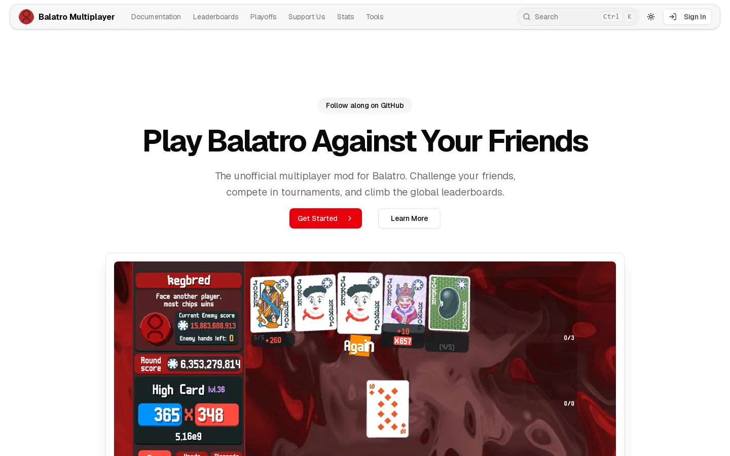 Balatro Multiplayer balatromp.com Balatro Multiplayer is a gaming tool for game fixes, launchers, mods, status checks, cloud gaming, or utilities. ↗ 首页截图