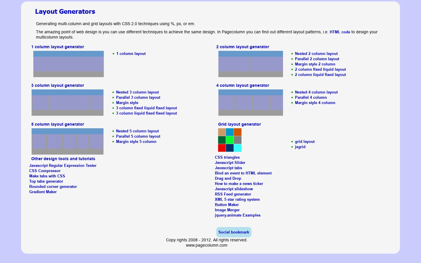 Layout generators - www.pagecolumn.com 首页截图