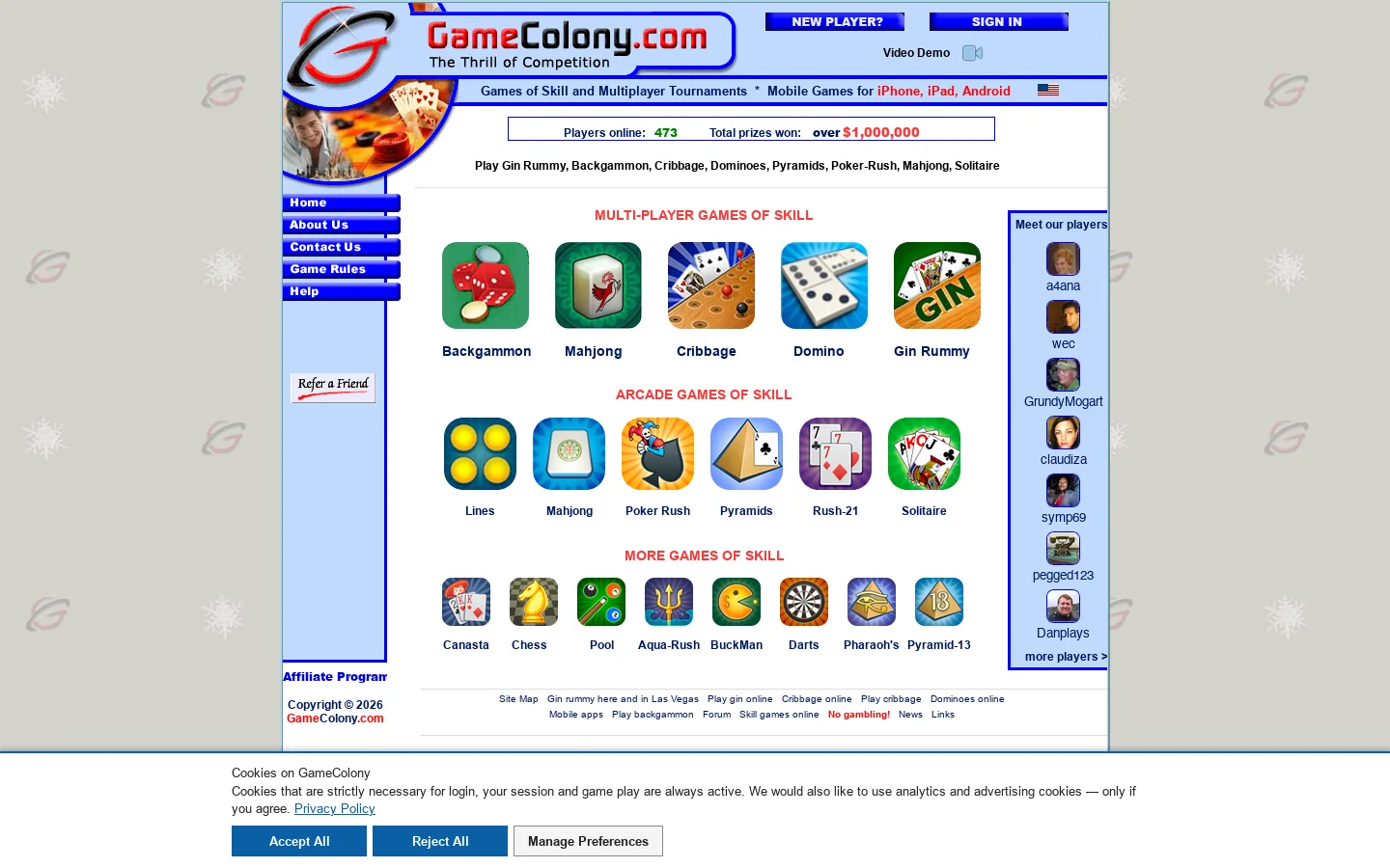Play games online. Gin rummy, cribbage, dominoes, backgammon, pyramids, solitaire, mahjong, poker solitare, canasta, pool 首页截图