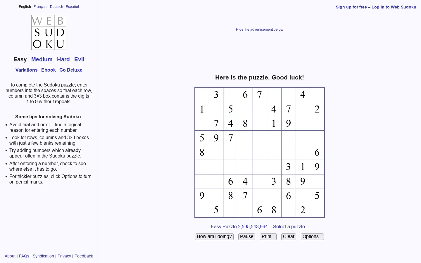 Web Sudoku 首页截图